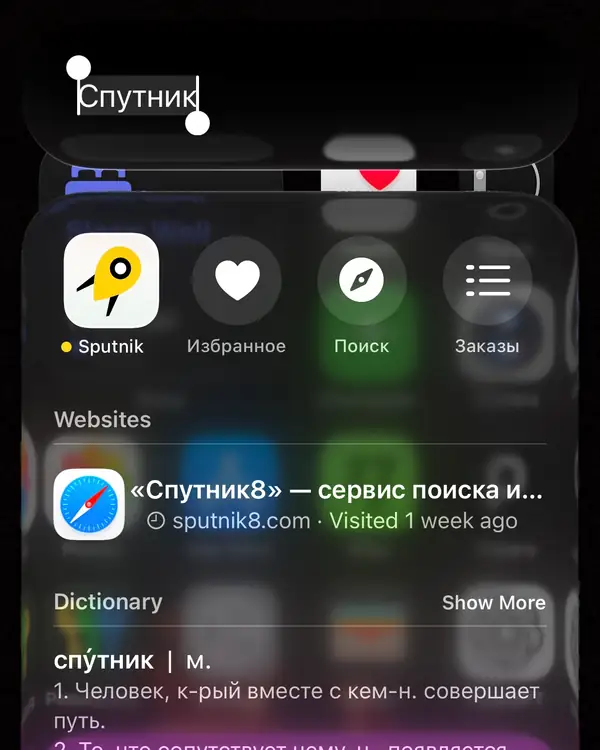 Sputnik и быстрые действия: Избранное, Поиск и Заказы в поиске iPhone.